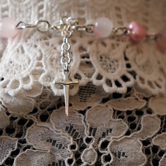 Beaded Pink Necklace With Cross - Picture 6 of 6